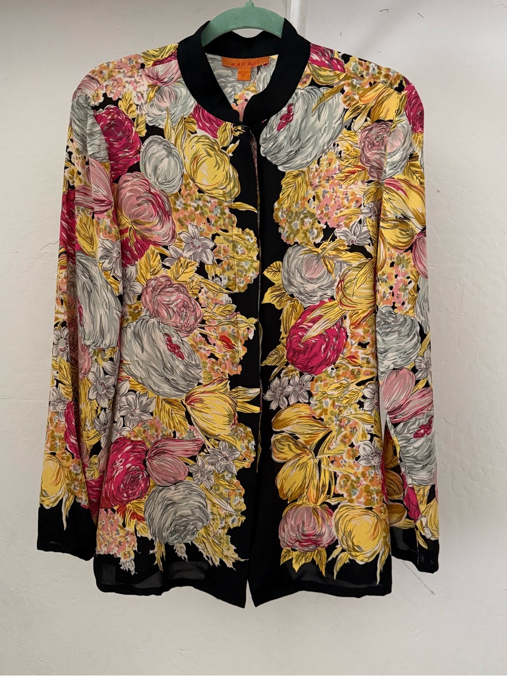 1990s Harari Retro Floral Print Silk Mandarin Collar Jacket